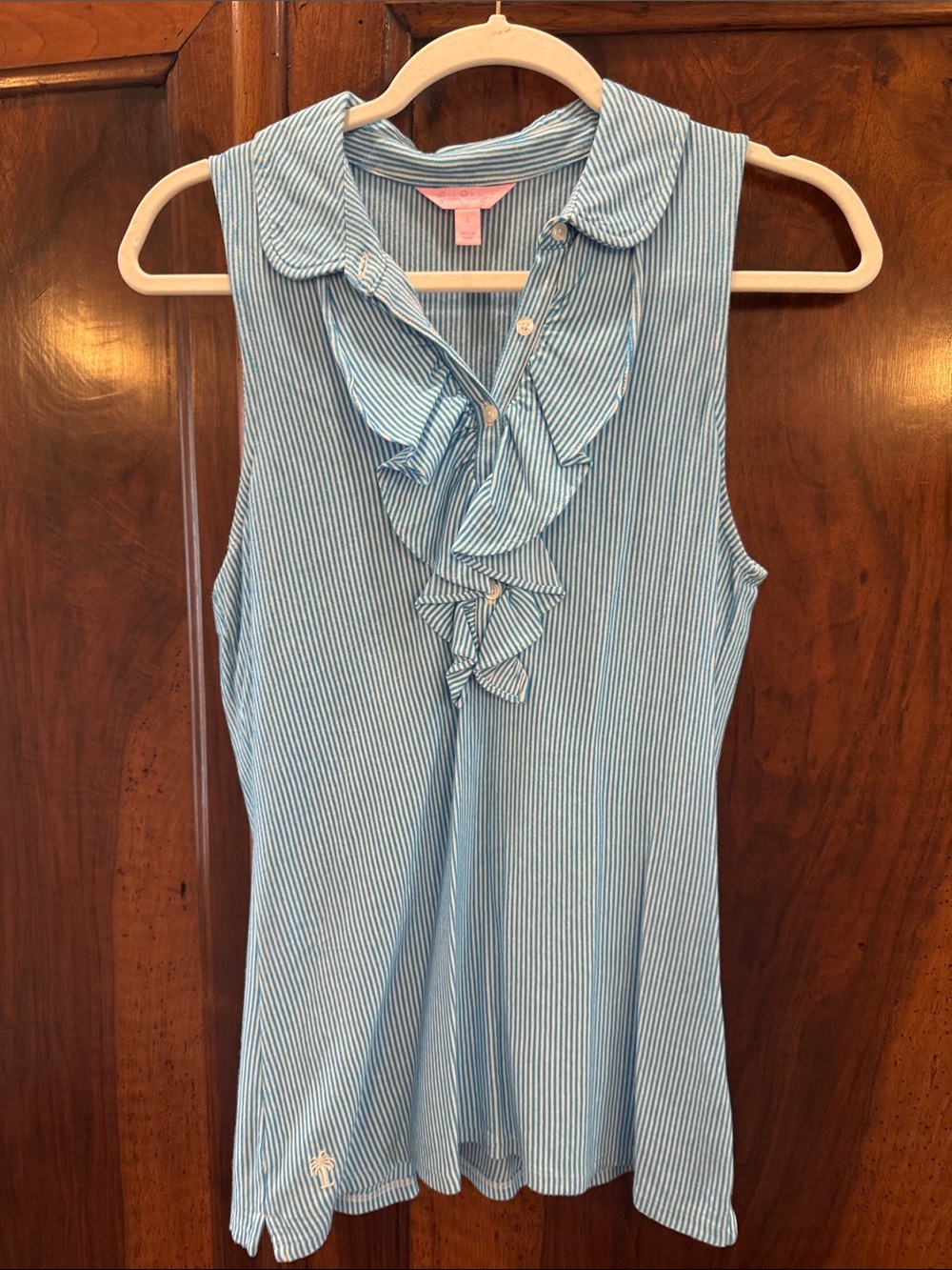 Lilly Pulitzer Blue and White Striped Ruffled Sleeveless Top